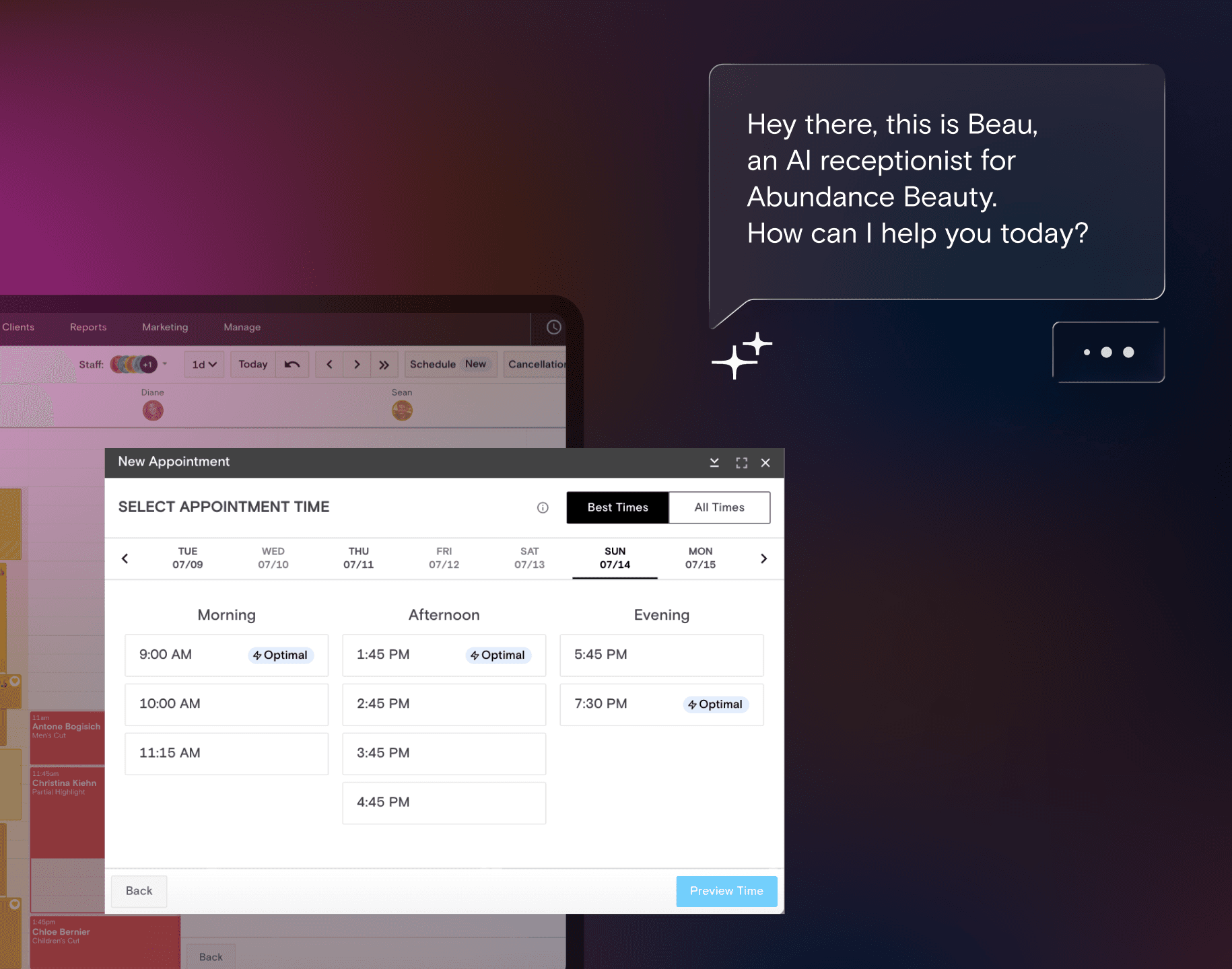 An AI receptionist helping a client book an appointment in Boulevard