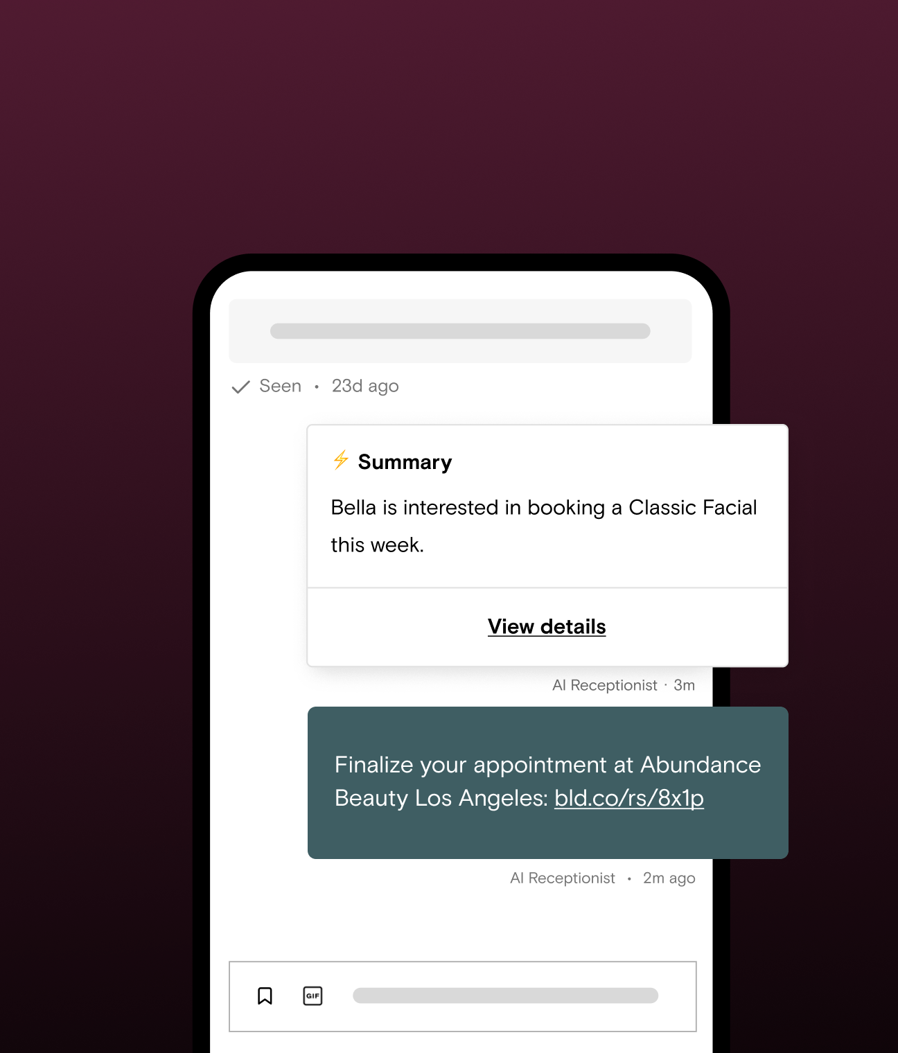 Phone showing an AI Receptionist conversation summary and booking link