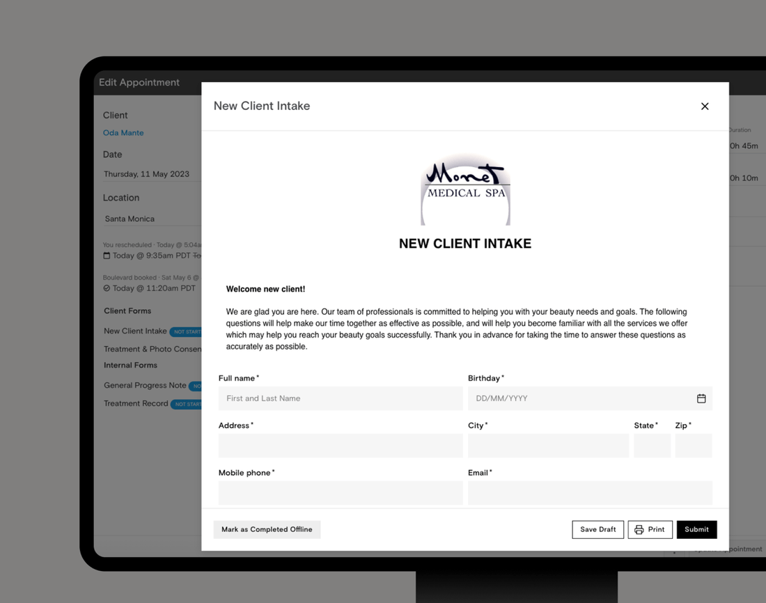A new client intake form attached to a Boulevard appointment