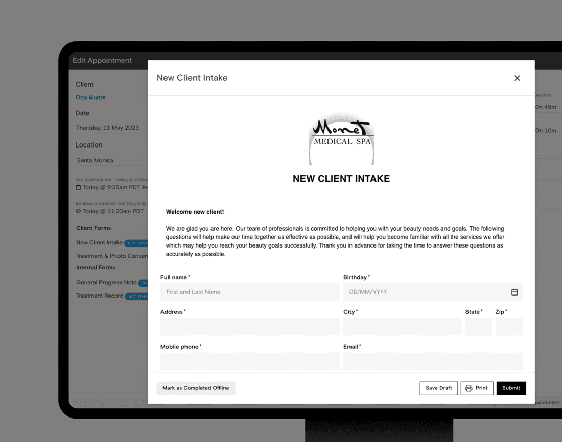 A new client intake form attached to a Boulevard appointment