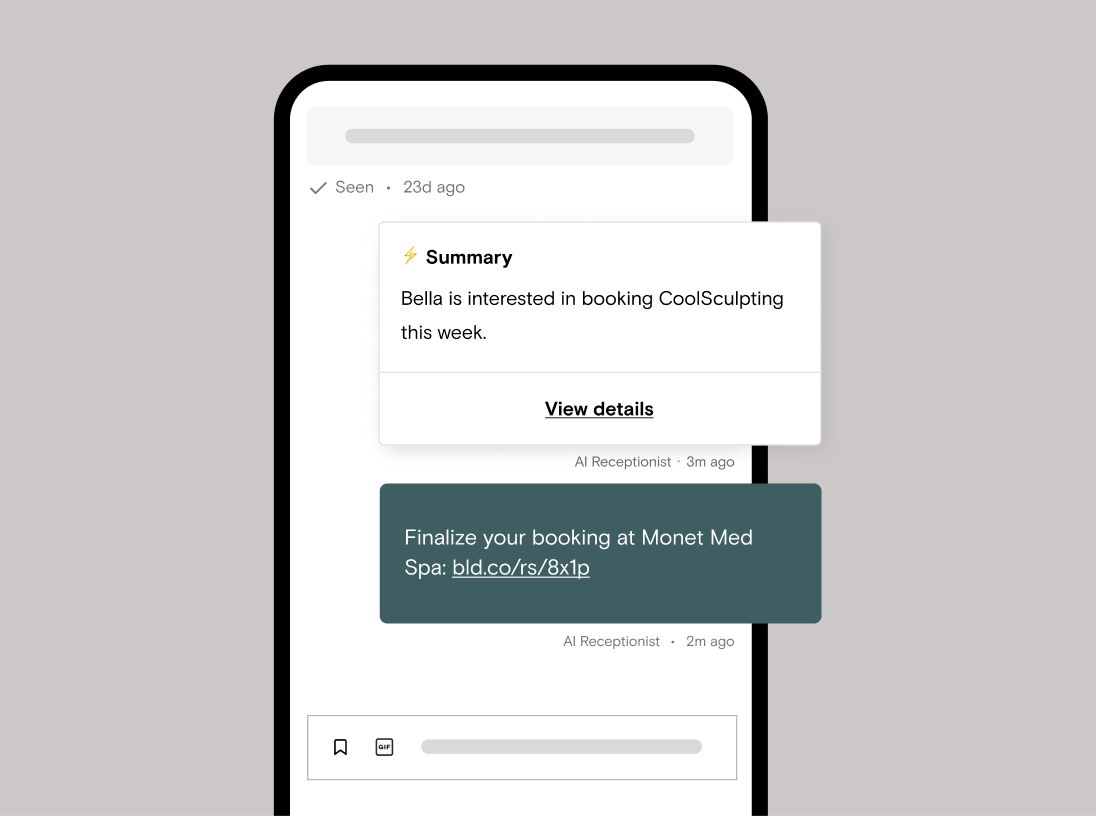 An AI receptionist summary and confirmation text in Boulevard