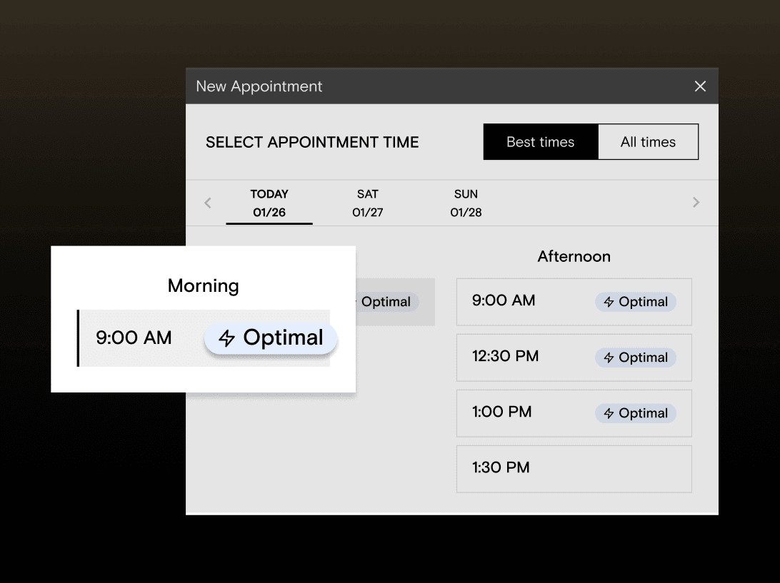 Boulevard’s New Appointment panel marking the best open times as optimal