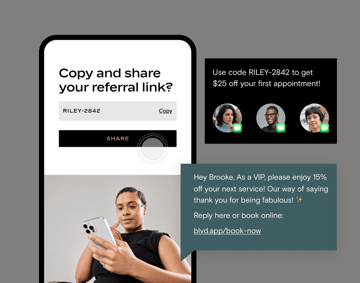 Referral link sharing and automated VIP text offers in Boulevard